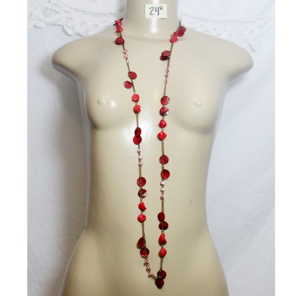 90s Red Abalone Shell Coin Long Sweater Necklace - Picture 2 of 12